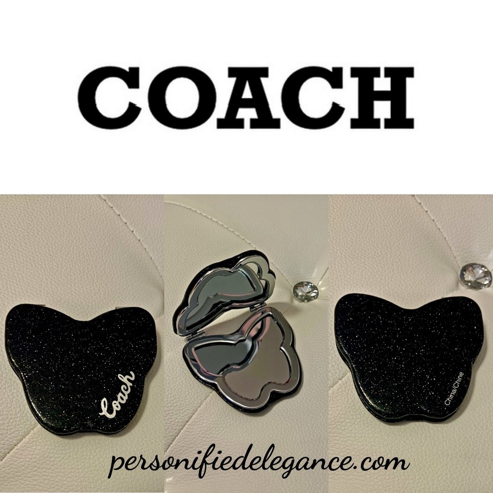 NEW Coach Black Silver Glitter Butterfly Compact Dual Sided Mirror